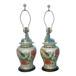 Vintage Chinoiserie Ginger Jar Lamps With Exotic Birds - a Pair For Sale