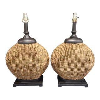 Vintage Round Jute Coastal Regency Brown Wood Base Table Lamps- A Pair For Sale