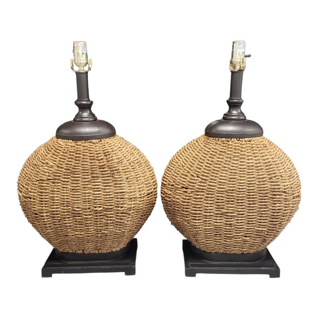 Vintage Round Jute Coastal Regency Brown Wood Base Table Lamps- A Pair For Sale