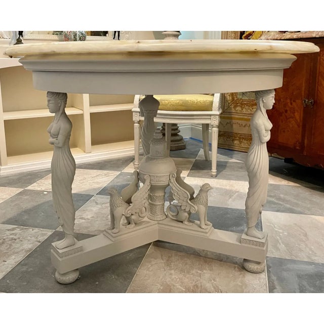 19th C Style Winged Griffin Marble Top Table w Figural Columns