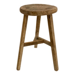 RusticVintage Elm Wood Three-Legged Stool For Sale