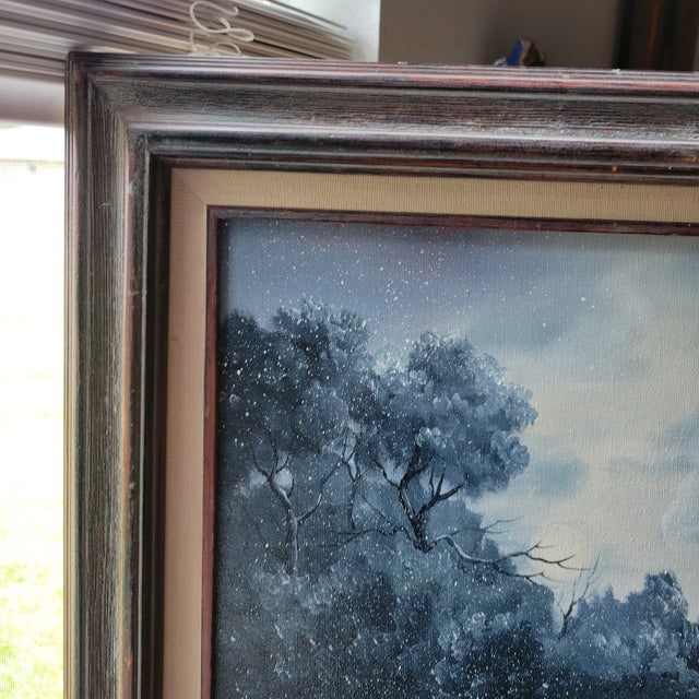 VTG Oil Painting 25"x21" Canvas Snow Cabin Stream Trees Water SGN Bd Pollard '93 For Sale - Image 11 of 18