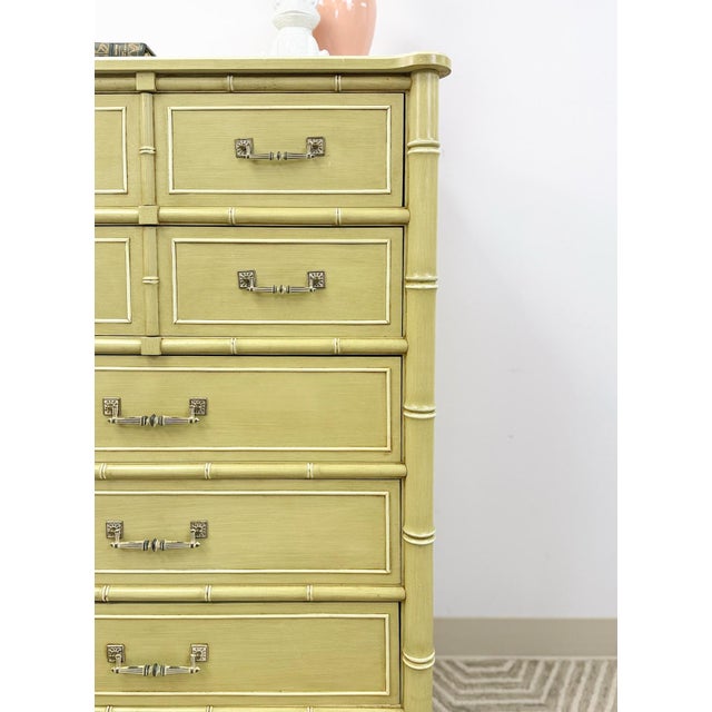 Light Green Mid 20th Century Henry Link Bali Hai Tallboy Dresser Green Vintage 5 Drawer Hollywood Regency For Sale - Image 8 of 18