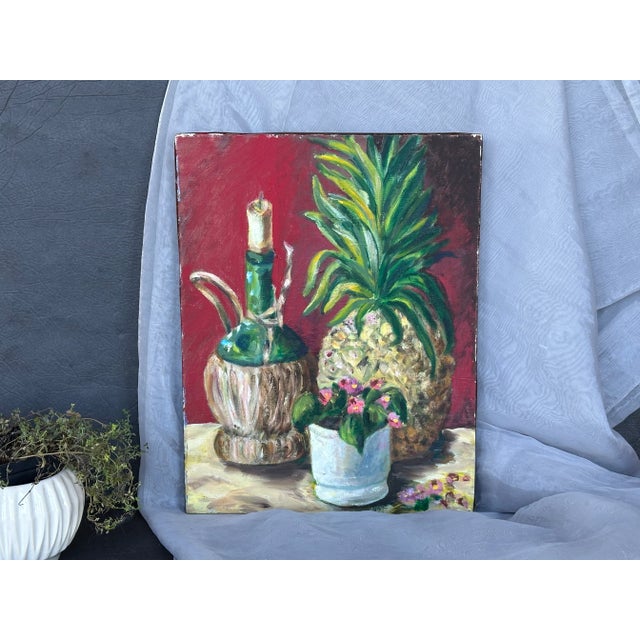 This vintage original oil painting depicts a classic still life composition with a pineapple, Chianti wine bottle and...