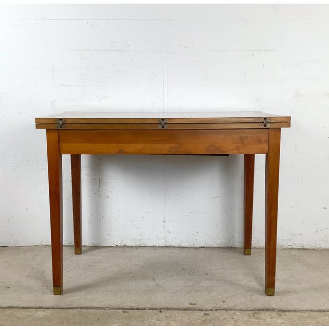 Vintage Mid-Century Console to Dining Table With Scalloped Top & Brass Sabots, 21”–78”, 1960s For Sale - Image 12 of 18