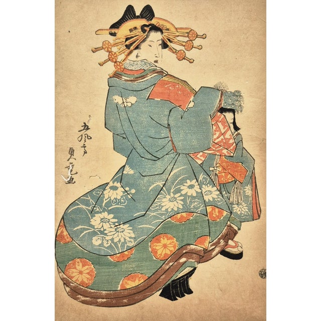 Japanese Set of 2 Edo Era (Ca 1850s) Japanese Woodblock Prints of Bijin-Ga / Geisha – Newly Framed For Sale - Image 3 of 6