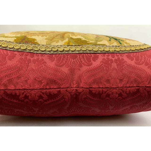 Pair of Antique Hand Stitched Exotic Floral Needlepoint Cushions/Pillows-Red Damask Backing For Sale - Image 9 of 10
