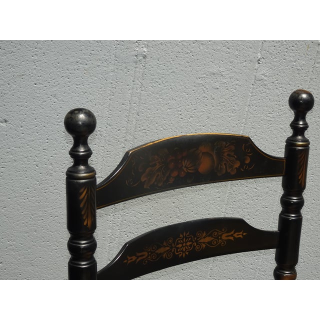 Chair Vintage L. Hitchcock French Country Black Ladder Back Rush Chair Stenciled For Sale - Image 10 of 17