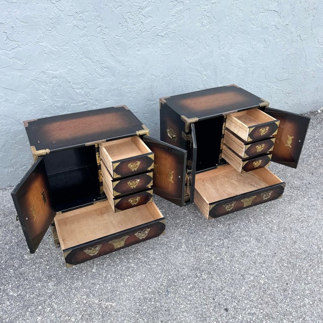 Chinese Vintage Chinese Burlwood and Brass Nightstands - A Pair For Sale - Image 3 of 10