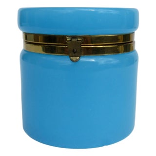 C.1920's-30's French Blue Opaline Lidded Round Brass Trimmed Lidded Keepsake Box For Sale