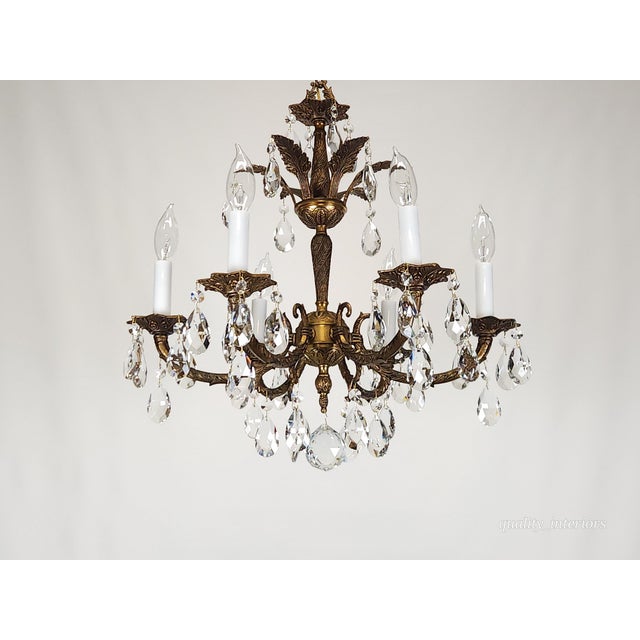 Metal Antique 6 Arm 6 Light Svelte Shimmering Brass Cut Lead Glass Crystal Chandelier For Sale - Image 7 of 11