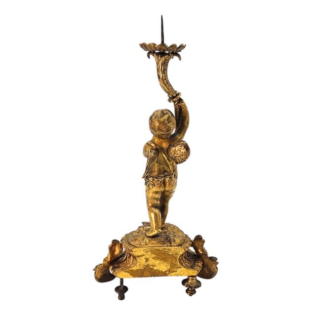 19th C French Gilt Bronze Cherub Putti Candlestick Pair 14" For Sale - Image 10 of 18
