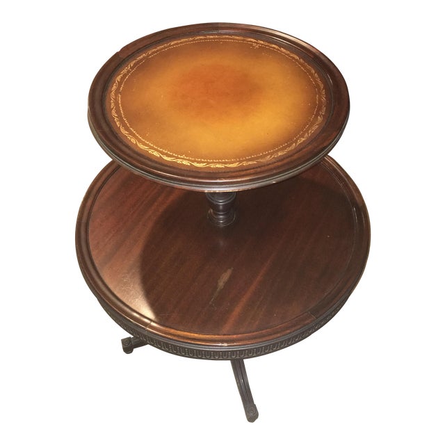 Vintage Leather Top 2 Tier Dumbwaiter Round Side Table | Chairish