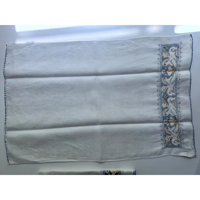 White Vintage Pair Embroidered Blue & White Linen "Griffin" Hand Towels For Sale - Image 8 of 12