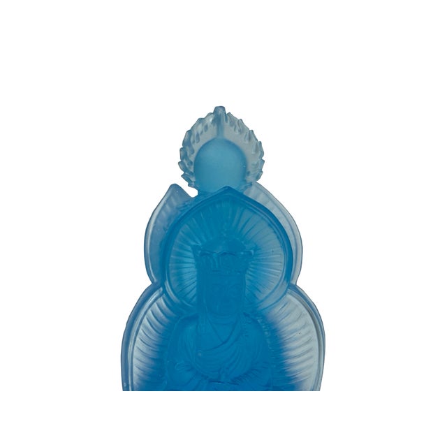Blue Blue Frosted Crystal Glass Lotus Base 3 Sides Bodhisattva Sanbao Figure For Sale - Image 8 of 13