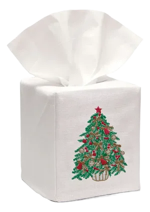 Christmas Tree Tissue Box Cover in White Linen & Cotton, Embroidered