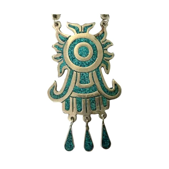 Mexican Alpaca Silver and Turquoise Inlay Necklace. Necklace is made from Alpaca silver (an alloy of copper, nickel, and...