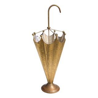 Vintage Embossed Brass Umbrella Stand With Hook Handle For Sale