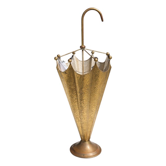Vintage Embossed Brass Umbrella Stand With Hook Handle For Sale