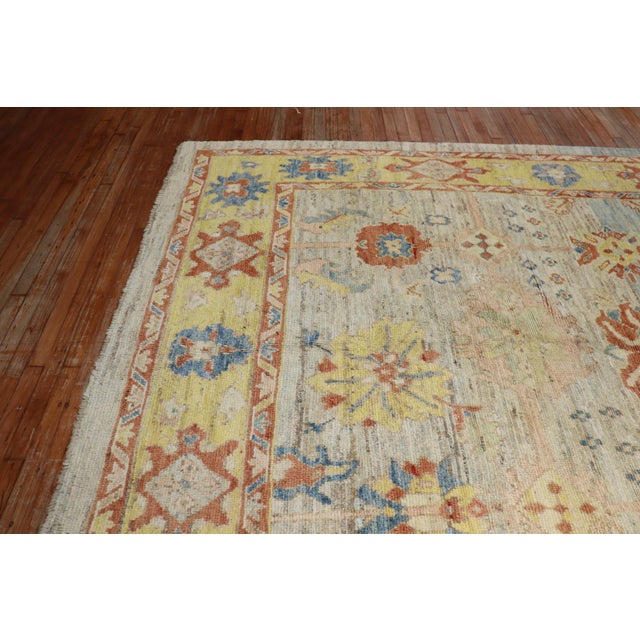 Folk Art Early 21st Century Zabihi Collection Stunning Turkish Blue Yellow Oushak Rug - 8'3" x 9'5" For Sale - Image 3 of 12