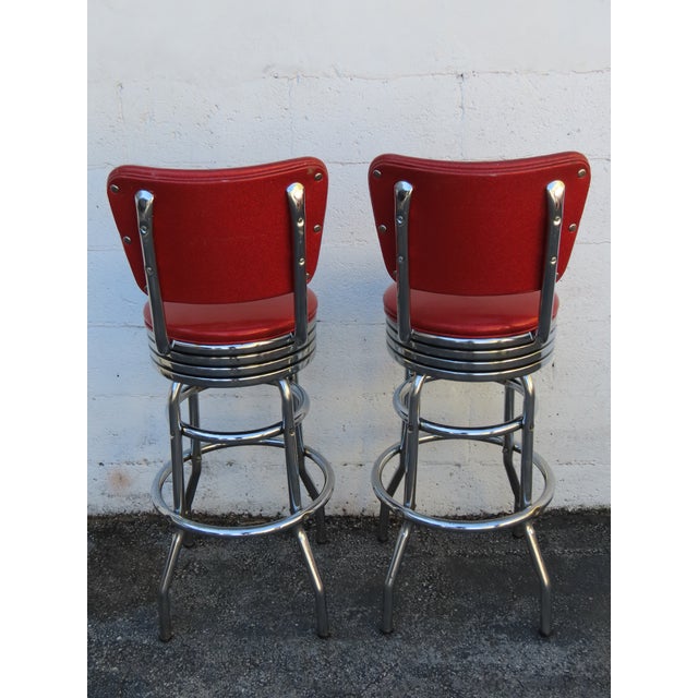 Retro Mid Century Modern Swivel Red Vinyl and Chrome Barstools 6350 For Sale In Miami - Image 6 of 18