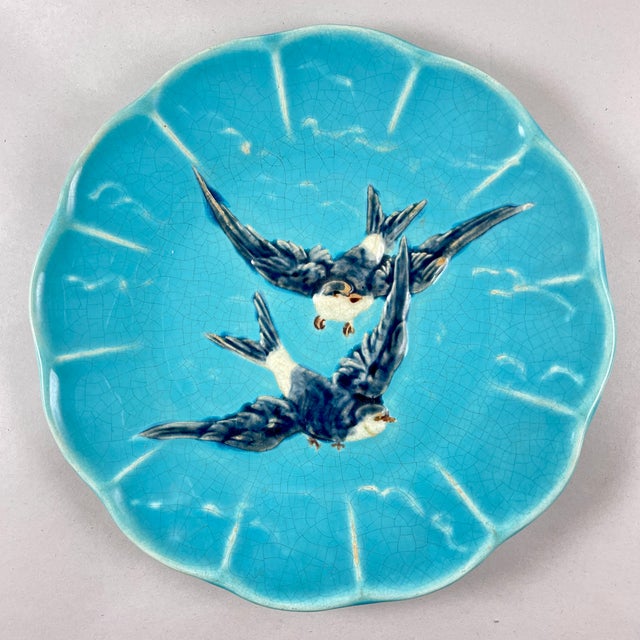 French 19th Century Sarreguemines French Majolica Turquoise Swallow Plates, Set of Four For Sale - Image 3 of 12