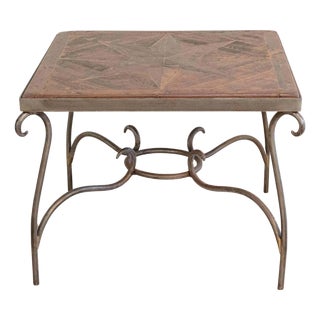 1980s French Coffee Table with Old Wind Rose Parquet Top and Wrought Iron Base For Sale