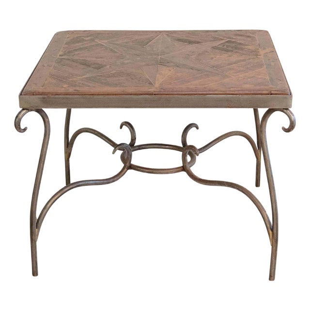 1980s French Coffee Table with Old Wind Rose Parquet Top and Wrought Iron Base For Sale