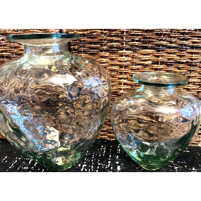 Vintage Statement Hand-Blown Recycled Glass Dimpled Vessels Spain - Pair (14.25" / 11.5") For Sale - Image 16 of 18