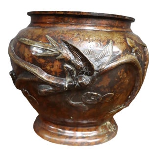 Japanese Bronze Jardinière With Bird and Floral Relief For Sale