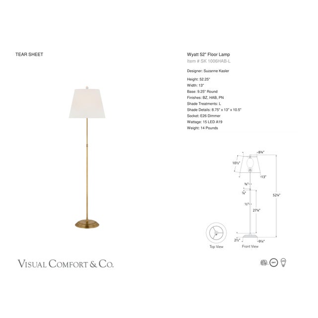 Suzanne Kasler by Visual Comfort Signature Wyatt 52" Floor Lamp in Hand-Rubbed Antique Brass with Linen Shade Designer:...
