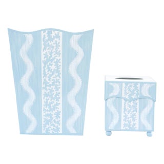 Blue Ikat Tole Waste Basket & Tissue Box Set For Sale