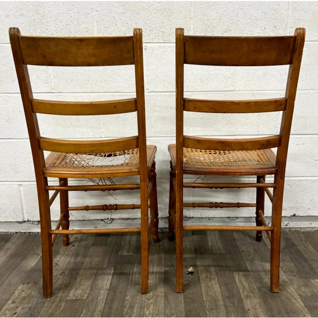 Vintage Colonial Style Ladderback Cane Seat Dining Chairs - Pair For Sale In Kansas City - Image 6 of 6