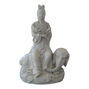 Late 19th Century Chinese Dehua Porcelain Seated Kuan Yin on a Elephant