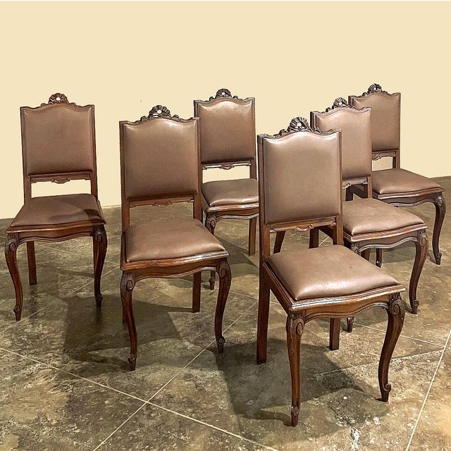 French Provincial Set of 6 Antique Country French Louis XVI Dining Chairs With Leather For Sale - Image 3 of 18