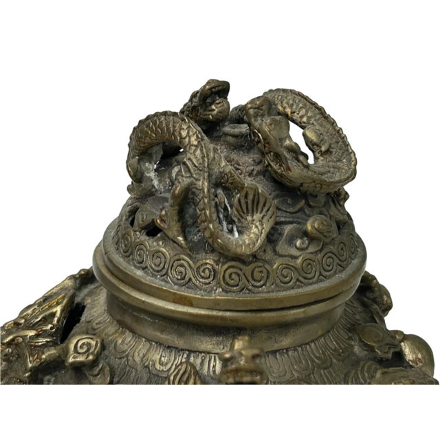 Vintage Bronze Color Metal Dragons Tri Legs Ding Incense Burner Art For Sale - Image 11 of 14