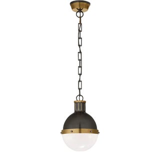 Thomas O'Brien for Visual Comfort Signature Hicks Small Pendant in Bronze & Hand-Rubbed Antique Brass with White Glass For Sale