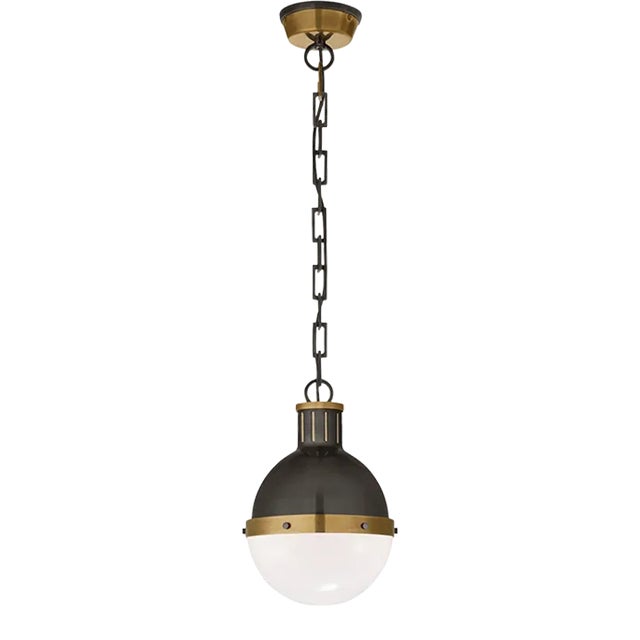 Thomas O'Brien for Visual Comfort Signature Hicks Small Pendant in Bronze & Hand-Rubbed Antique Brass with White Glass For Sale