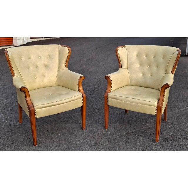 Cream Pair Mid 20th Century Mahogany and Tufted Vinyl Upholstered Wingback Chairs For Sale - Image 8 of 14