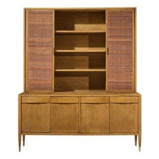 American of Martinsville Mid Century Walnut and Cane Credenza With Hutch For Sale