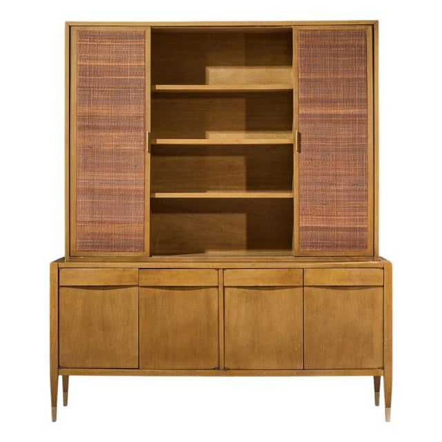 American of Martinsville Mid Century Walnut and Cane Credenza With Hutch For Sale