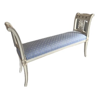 Late 19th Century French Directoire Style Painted Bench With Light Blue Upholstery For Sale