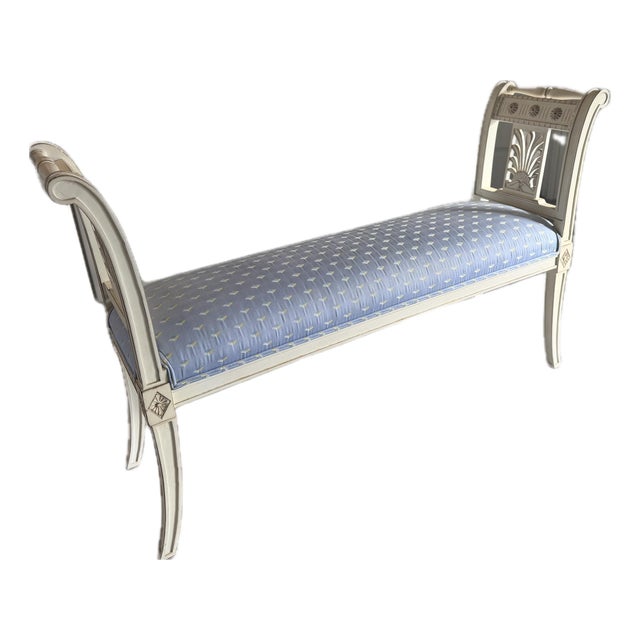 Late 19th Century French Directoire Style Painted Bench With Light Blue Upholstery For Sale