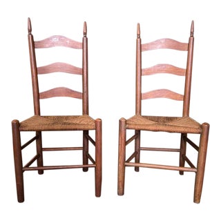 19th Century, Pair of Antique American Primitive Shaker Style Rush Seat Side Chairs For Sale