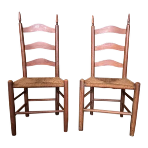 19th Century, Pair of Antique American Primitive Shaker Style Rush Seat Side Chairs