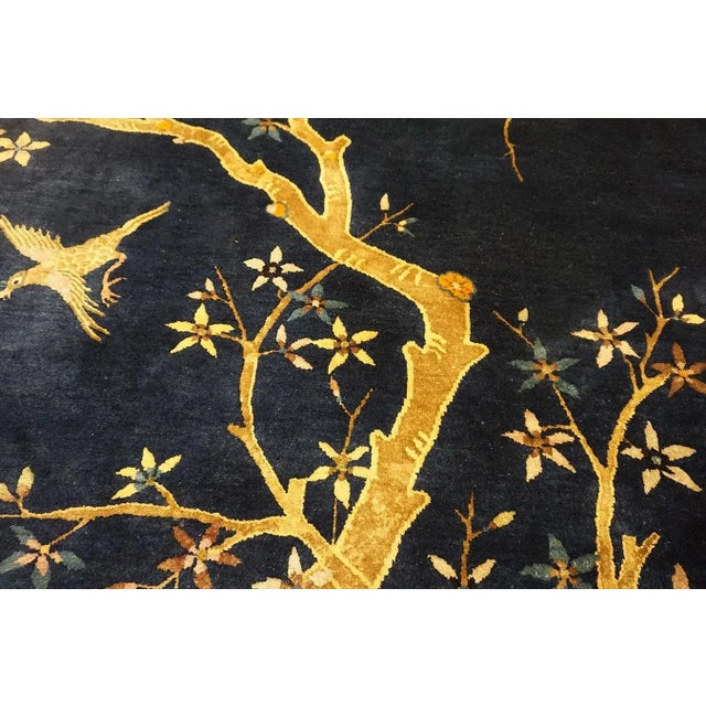 1920s Navy Blue Birds Flowers Art Deco Antique Oval Chinese Peking Wool Rug For Sale - Image 4 of 15