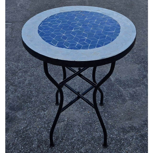 Moroccan 20" Blue and Beige Moroccan Round Mosaic Table, Diamond Collection / Lozenge - 2 Pieces For Sale - Image 3 of 5