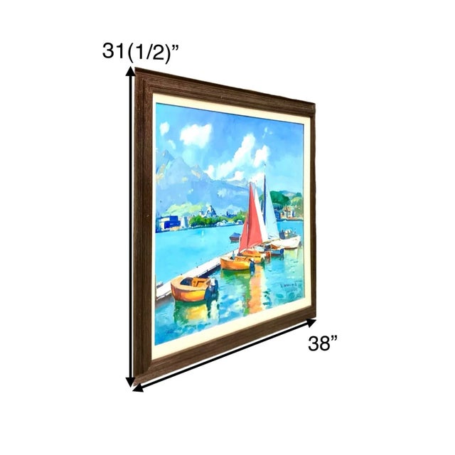 Large vintage acrylic of sailboats by a Spanish port on a summer day. Signed and framed, breezy nautical charm. Condition:...