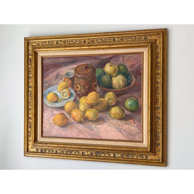 Mauve Vintage Oil Painting Still Life With Apples & Lemons, 1984 For Sale - Image 8 of 13