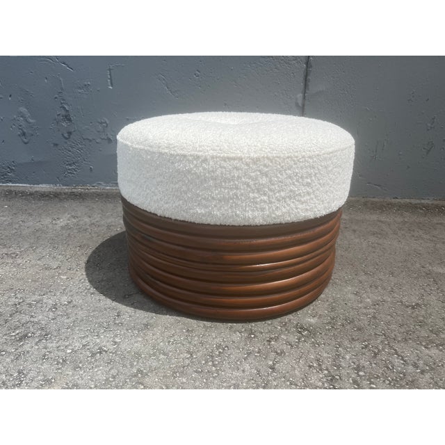 1970s Round Rattan Ottoman, Boucle, Mid Century For Sale - Image 9 of 10